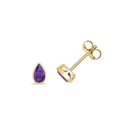 Amethyst Pear Rubover Stud Earrings - Yellow Gold